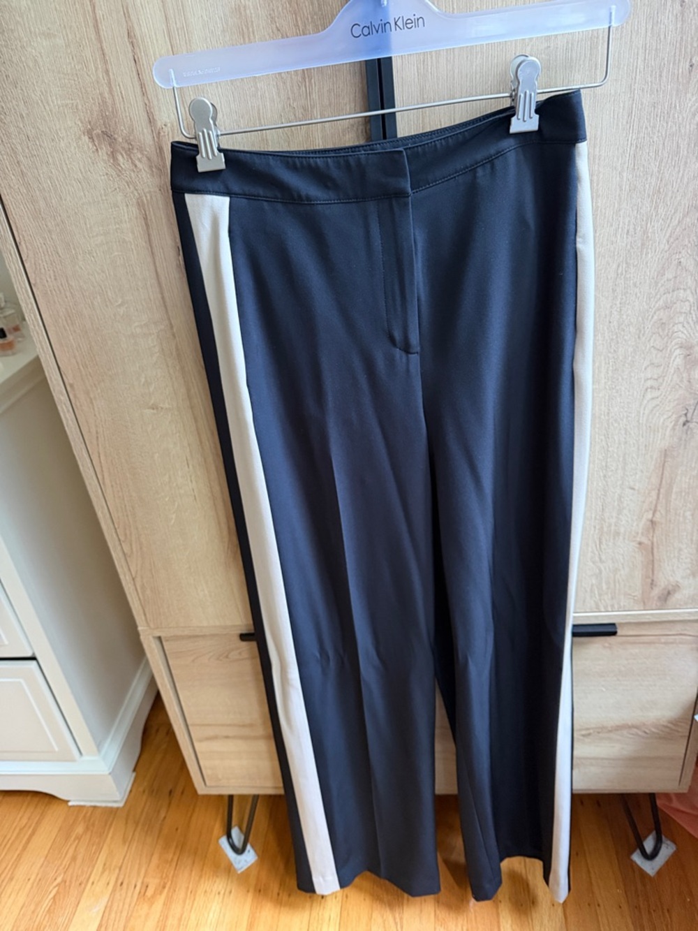 Kenneth Cole Black Wide-Leg Pants with White Side Stripes